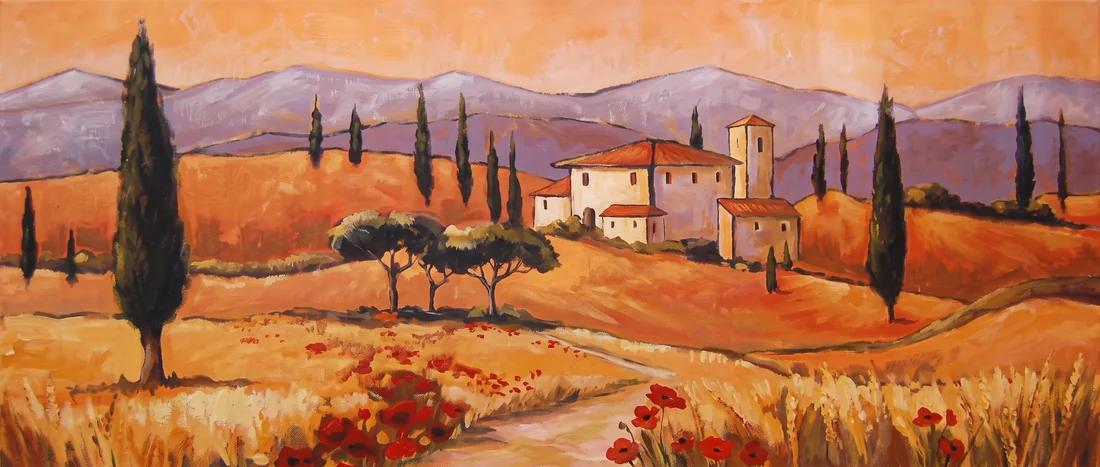 Gemälde einer toskanischen Landschaft: lila Hügel unter orangem Himmel, hohe Zypressen, ein Gutshof mit Turm, Pinien und ein Weizenfeld mit rotem Mohn.